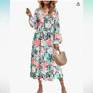 ININ FLORAL DRESS LONG SLEEVE BOHO VNECK RUFFLE MIDI BEACH DRESS SIZE XL NWT